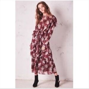 LoveShackFancy Saddle Red Sonia Silk Cocktail Floral Ruffle Dress